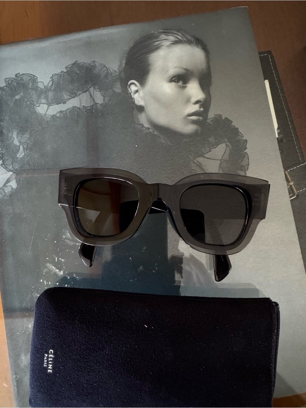 Celine Zoe CL41446 S Chunky Square Sunglasses in Translucent Charcoal Black